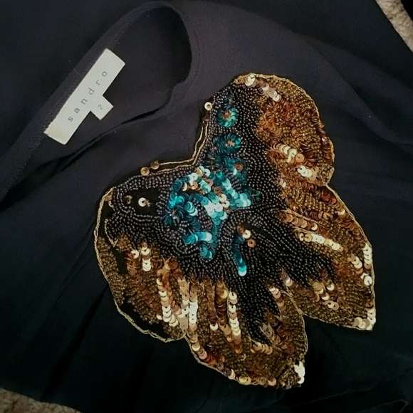 Sandro dress size medium butterfly shoulder sequin dark navy blue - Picture 2 of 7
